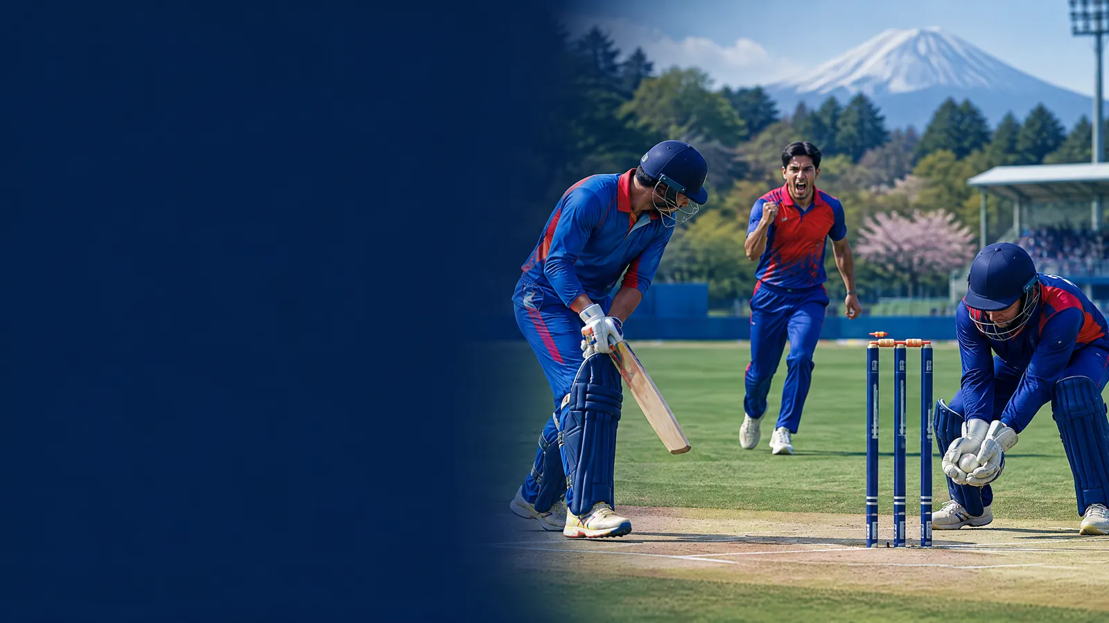 Original editorial illustration of a generic Afghanistan batter facing Nepal fielders during an Asian Games cricket match in Japan