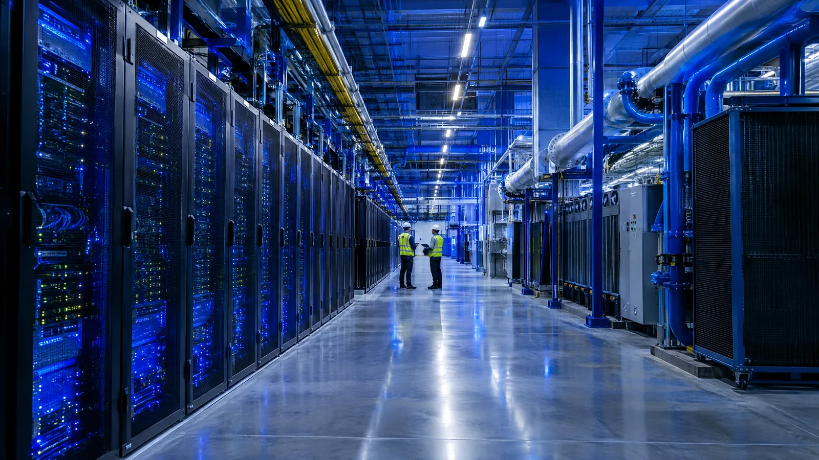 Technicians walking beside illuminated server racks in a modern data centre