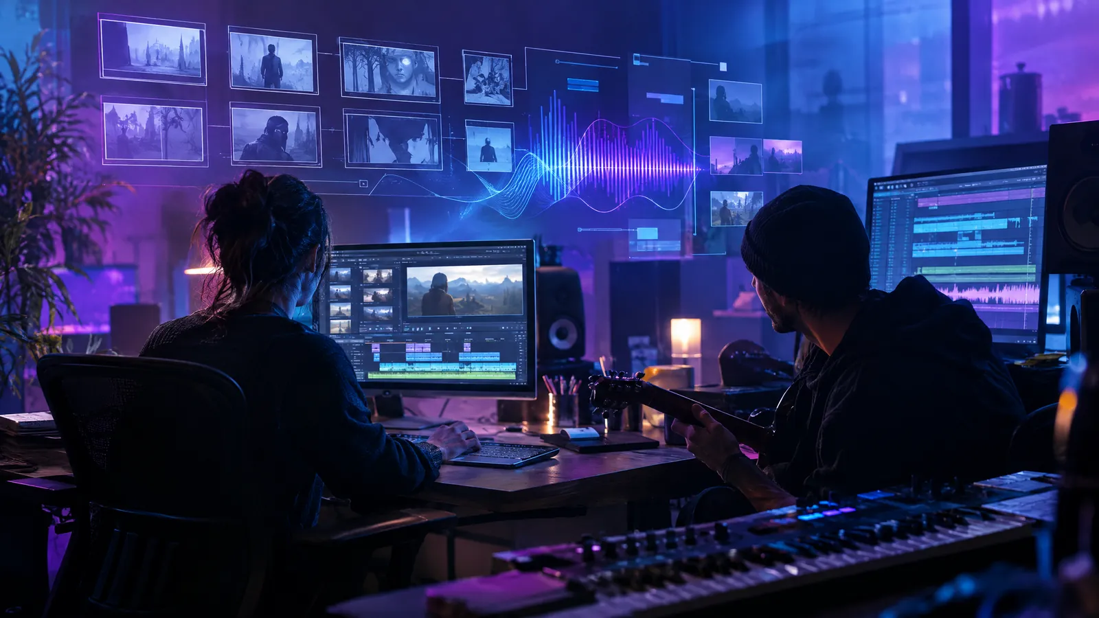 A sound engineer and film editor collaborate in a Mumbai post-production studio, with a waveform monitor and colour-grading screen softly out of focus