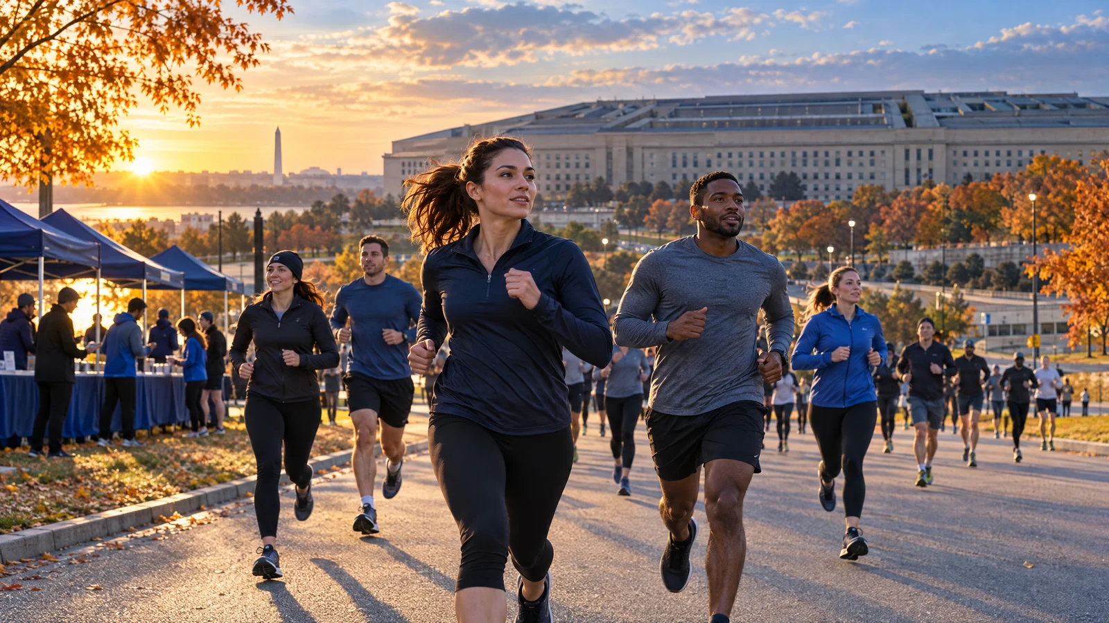 Runners assemble near the Pentagon before the Army Ten-Miler, with a race bib and early-morning light visible.