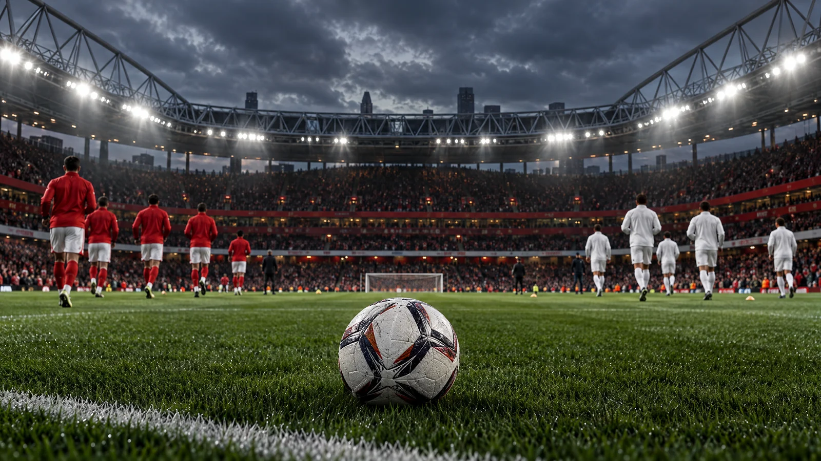 Wide exterior view of a modern north London football stadium as anonymous supporters arrive before a daytime Premier League match