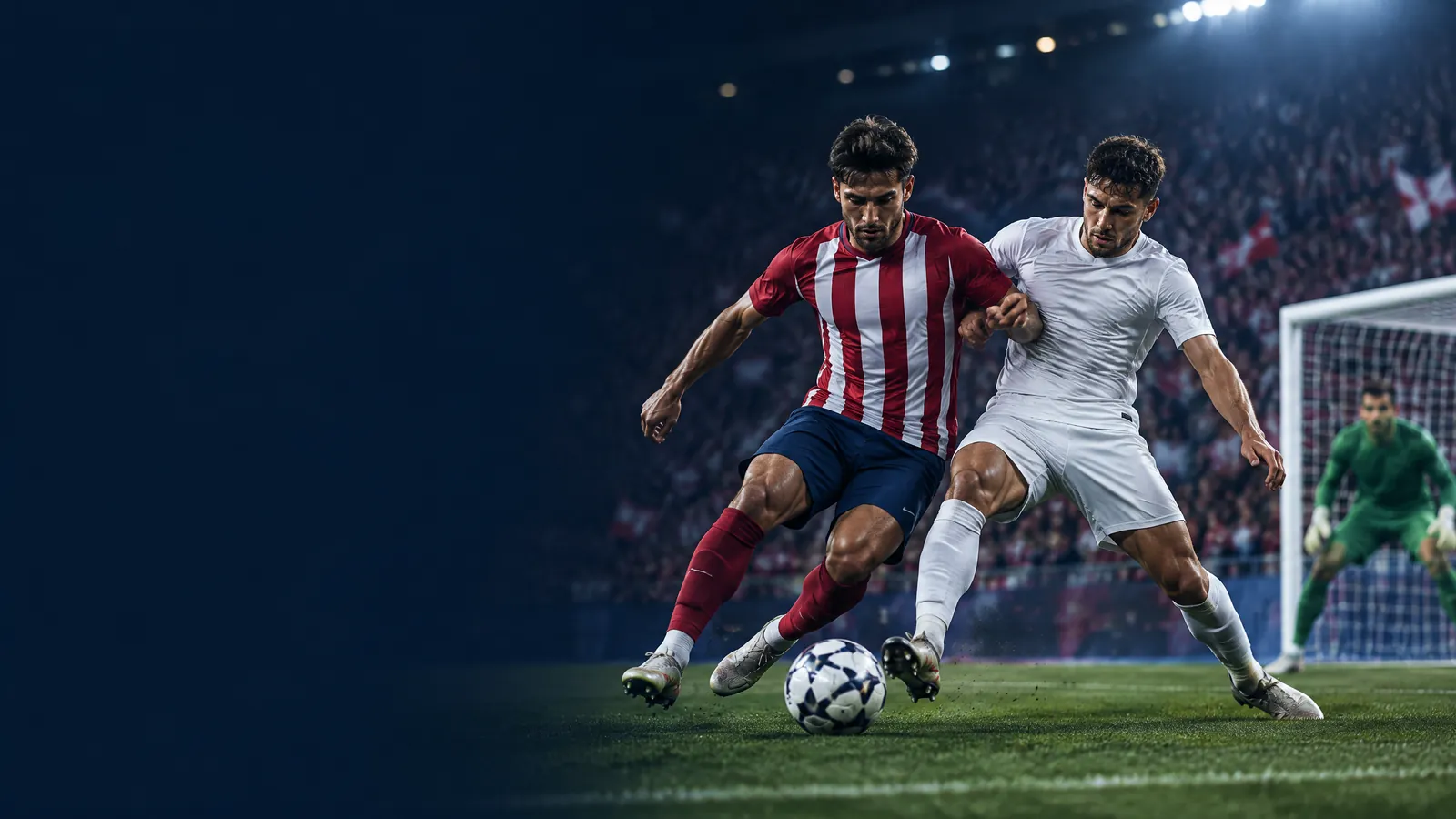 Original editorial illustration of fictional footballers contesting a Madrid derby under stadium lights