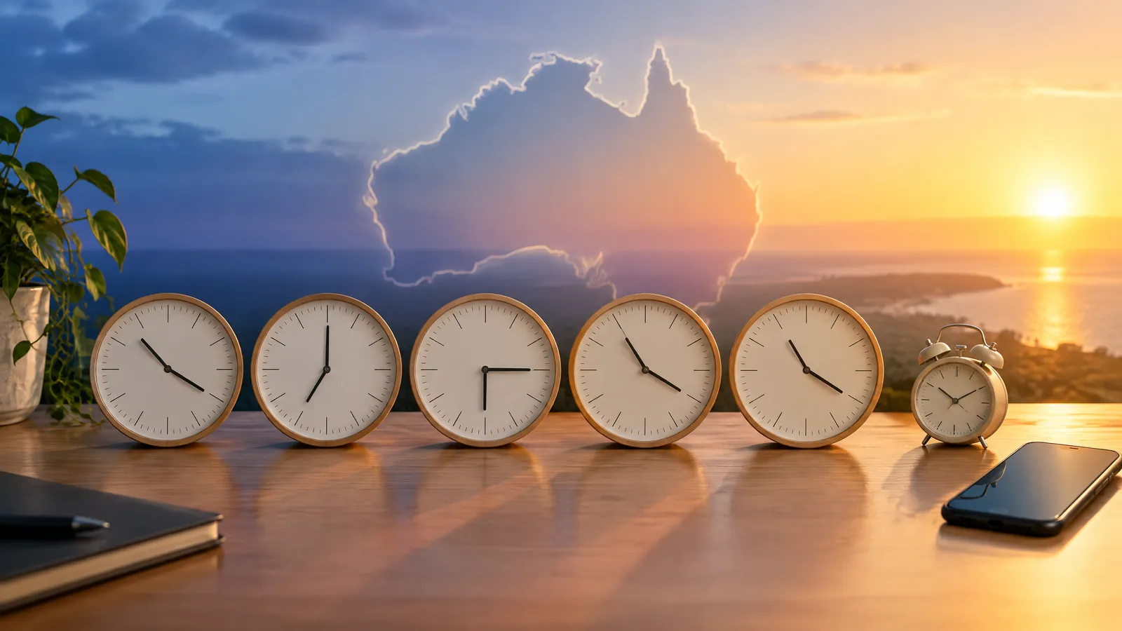 Wide sunrise view of five unbranded analogue clocks showing eastern, central and western Australian time differences beside a subtle map outline