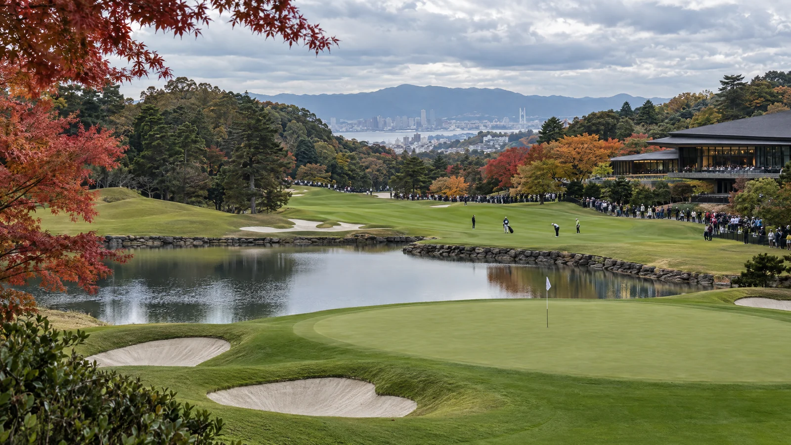 A wide view of a tree-lined fairway at Yokohama Country Club ahead of the Baycurrent Classic.