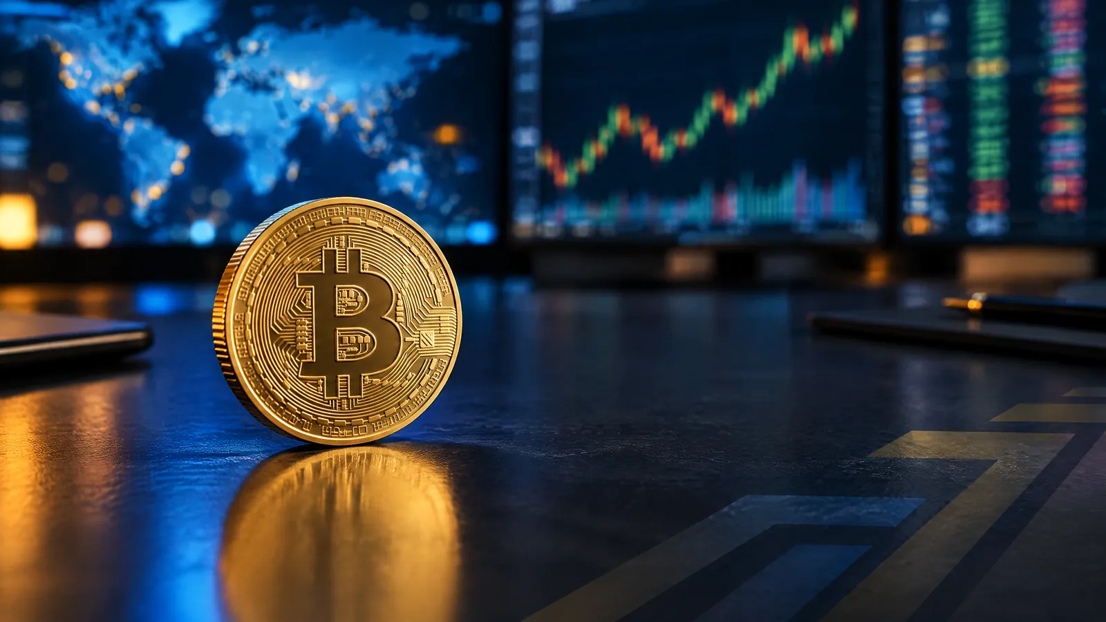 A physical Bitcoin-like coin resting beside a softly glowing Indian rupee chart and global market screens, with no visible branding