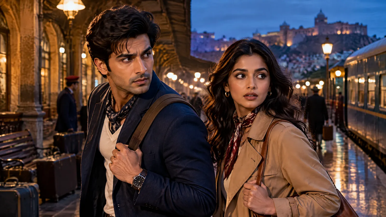 Bollywood news illustration of a sharply dressed Indian film hero and heroine at opposite ends of a dimly lit spy-operation set, with a bow-shaped shadow between them