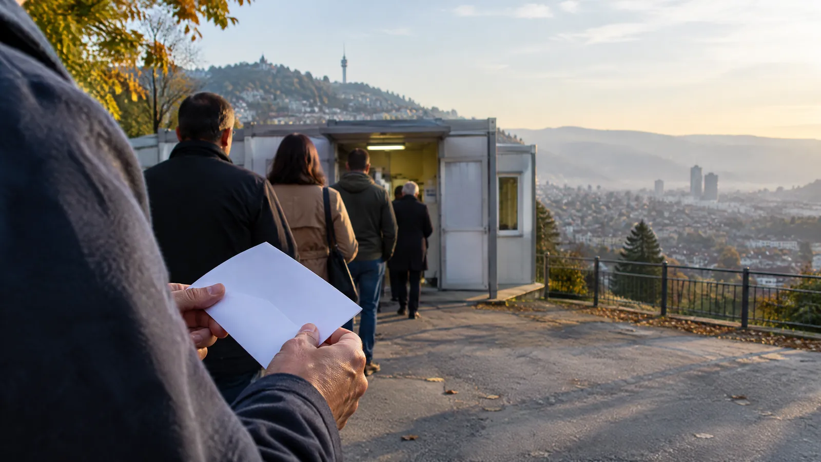 Anonymous voters approaching a calm polling station in Bosnia and Herzegovina at dawn, with ballot materials and a subtle Sarajevo skyline