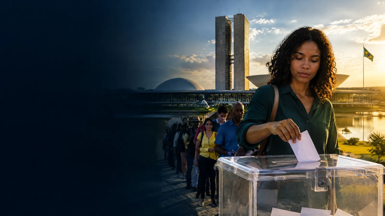 Editorial illustration of a Brazilian voter placing a ballot into a transparent box with Brasília’s National Congress in the background