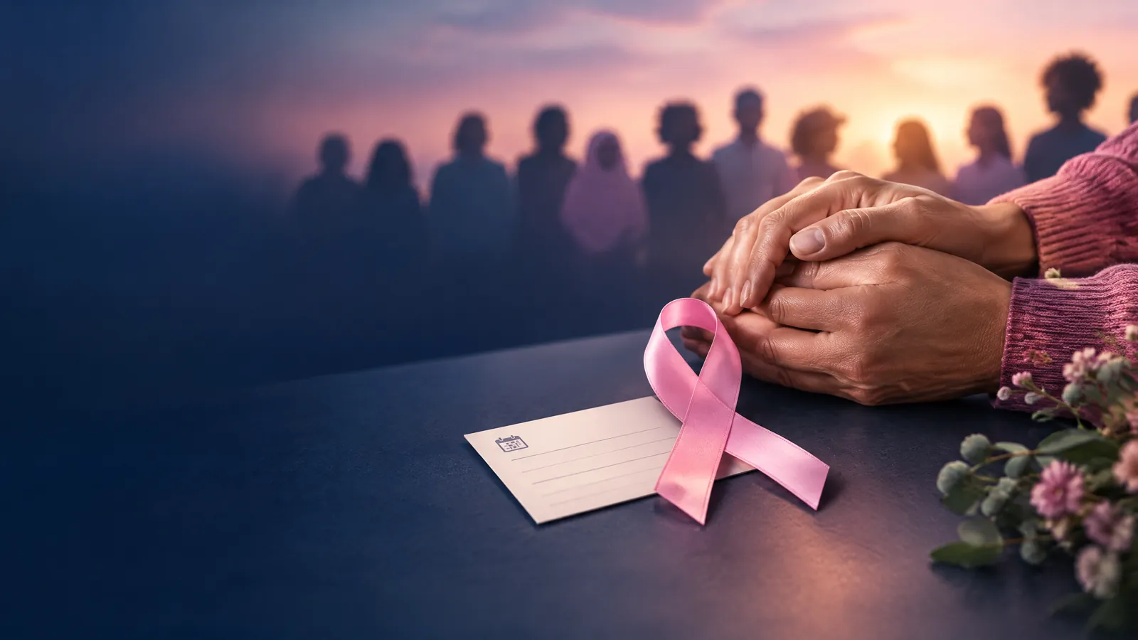 Pink awareness ribbon beside supportive hands in a respectful community setting