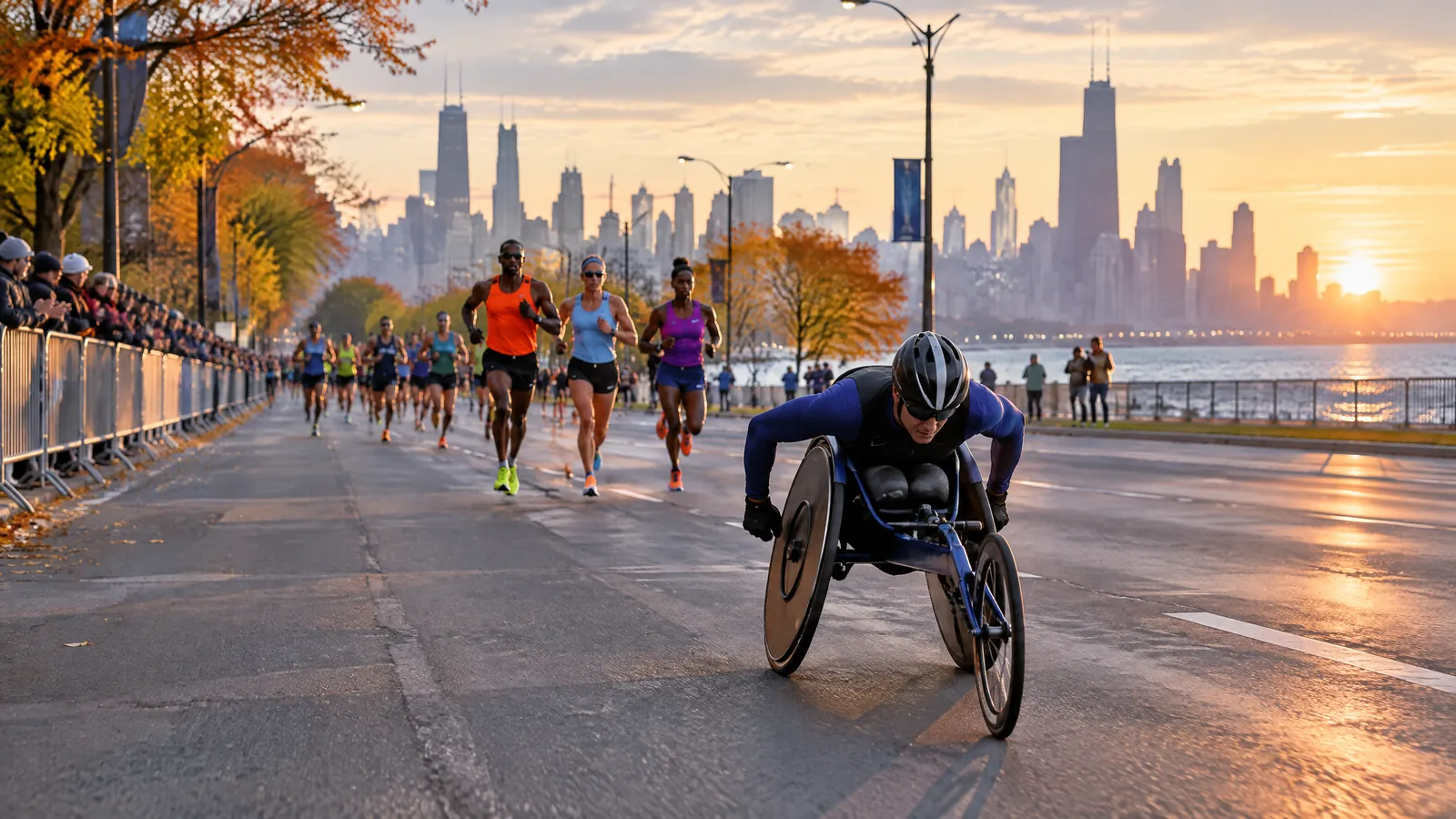 Anonymous marathon runners moving through a broad Chicago avenue at dawn, with a racing wheelchair athlete ahead, spectators behind barriers and the skyline in the distance