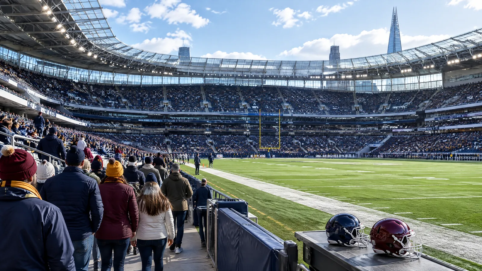 Wide view of an American football field inside a modern north London stadium before the Indianapolis versus Washington game, with anonymous supporters arriving