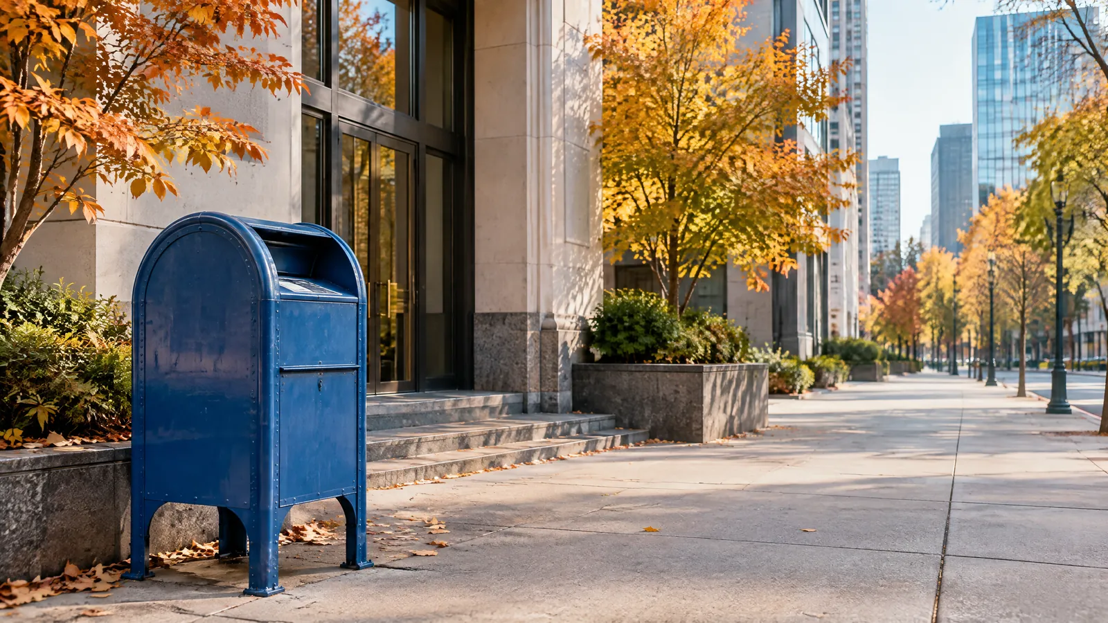 Unbranded neighborhood mailbox, bank doorway and exchange-style clock on a calm autumn Monday morning with a clear central focal point