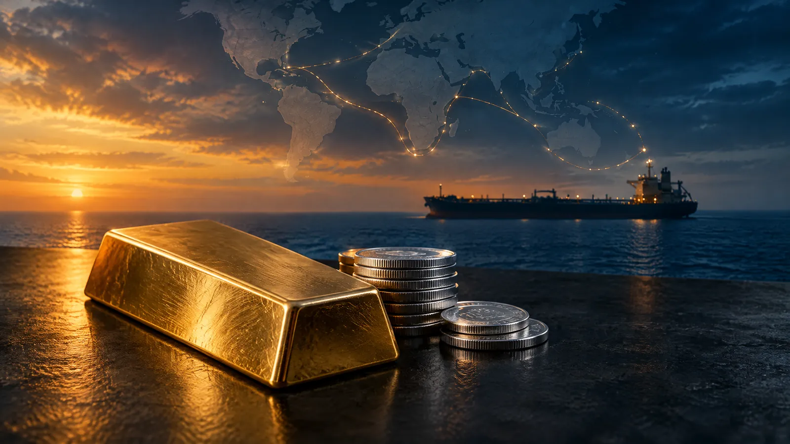 Gold bar and silver coins beside an oil tanker route on a dark market map, representing rates and Middle East energy risk
