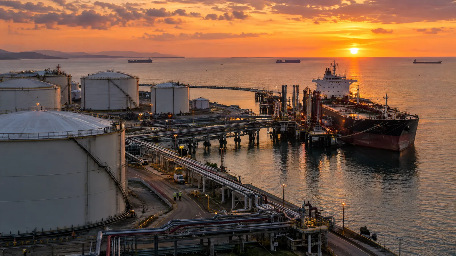 Unbranded oil tanker moving through a narrow shipping channel at dawn, with refinery storage tanks in the distance.