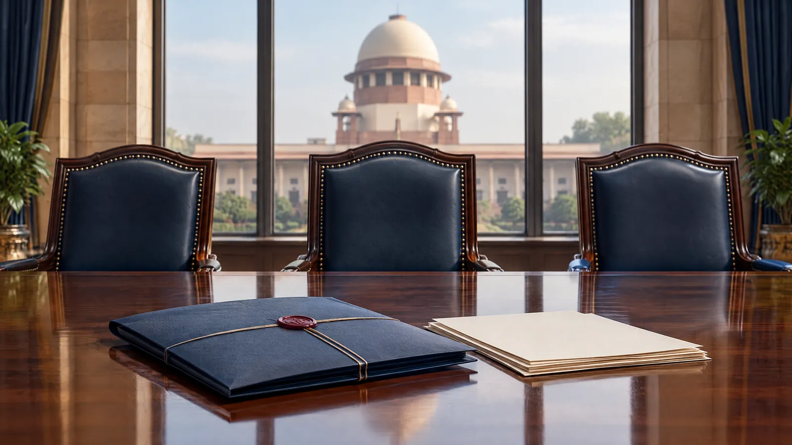 Editorial illustration of India’s Election Commission and Supreme Court procedural debate, with three empty chairs and legal papers