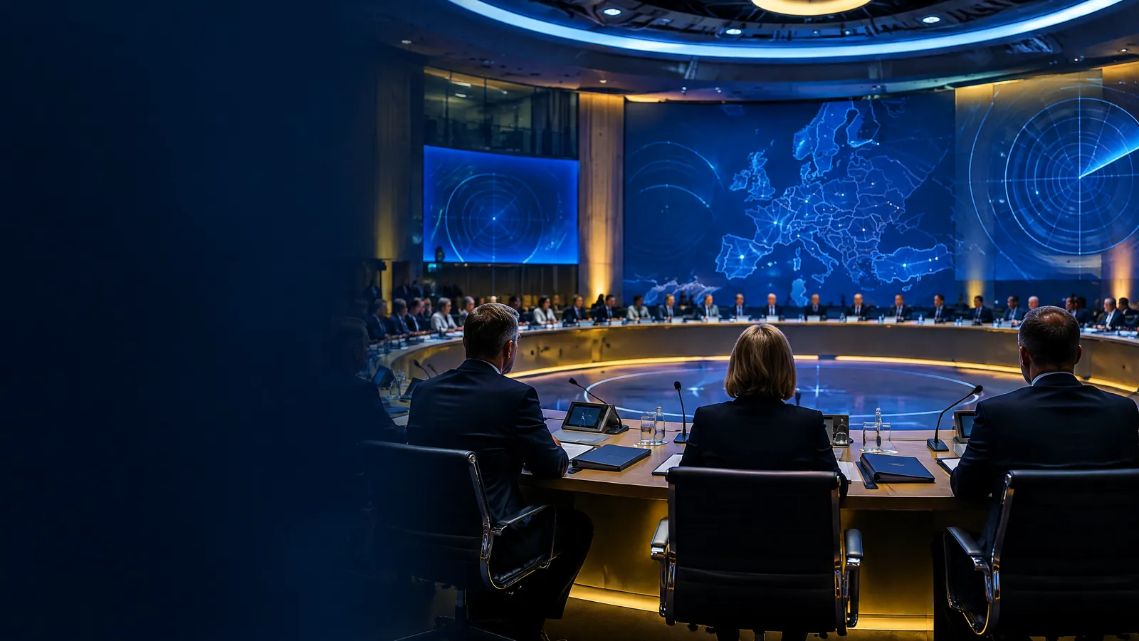 European officials seated around a circular ministerial table in a blue-lit conference room