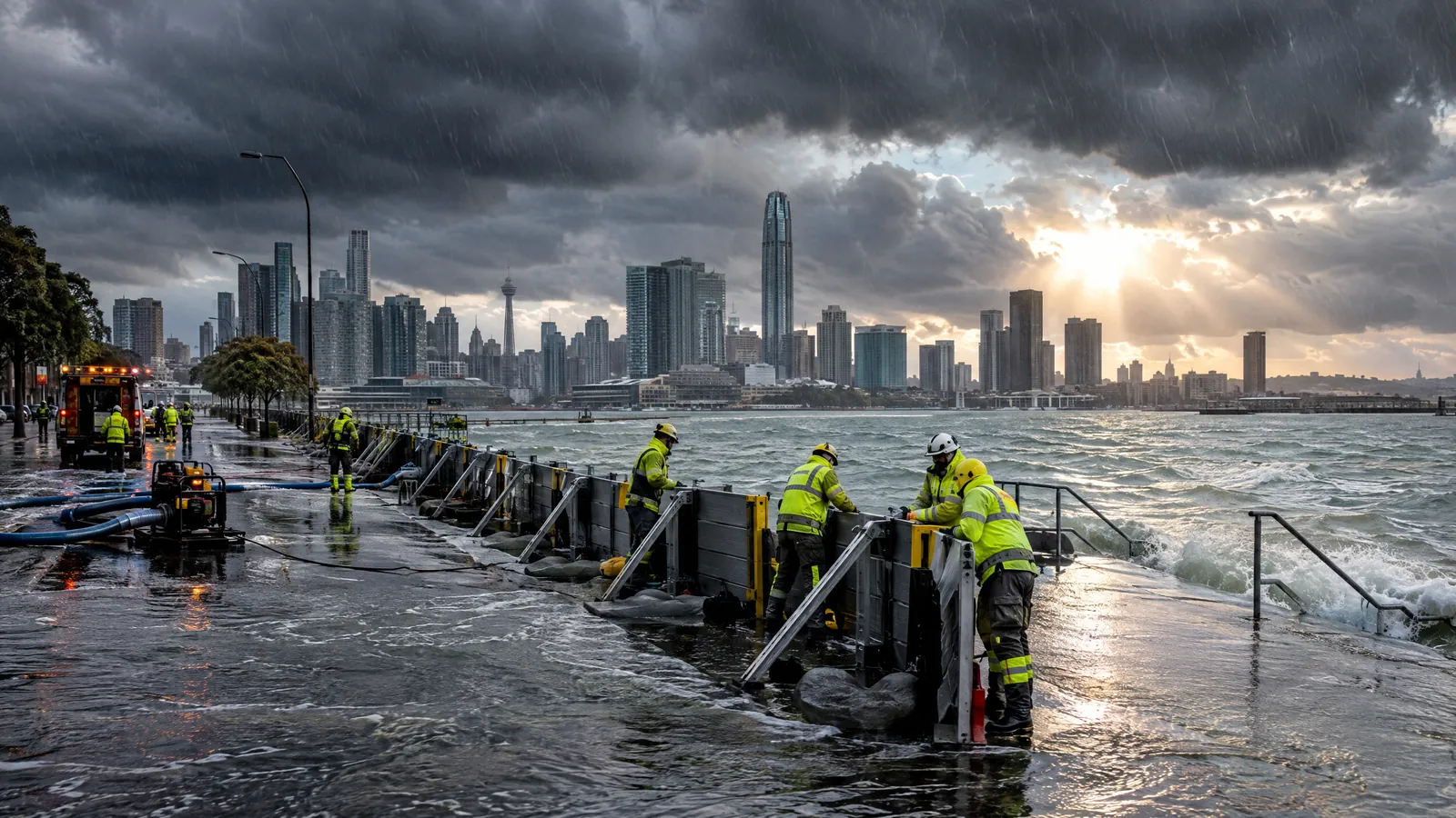 A weather radar operator watches rain bands approaching a densely built city under dark monsoon clouds.