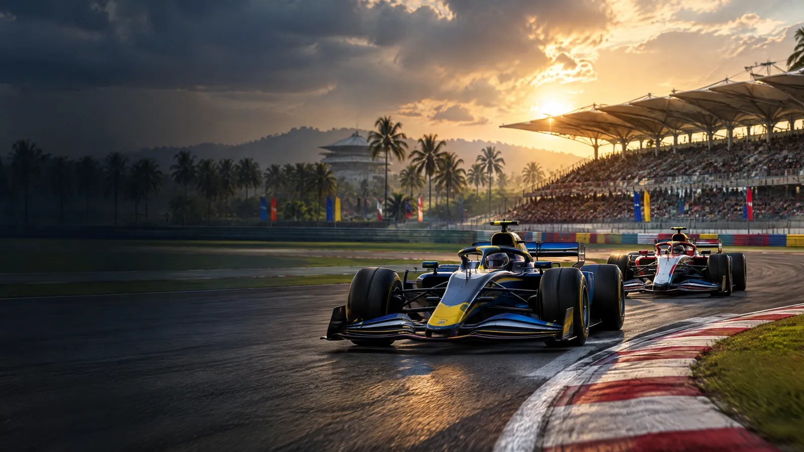 Two fictional open-wheel racing cars on a tropical circuit at Sepang during sunset