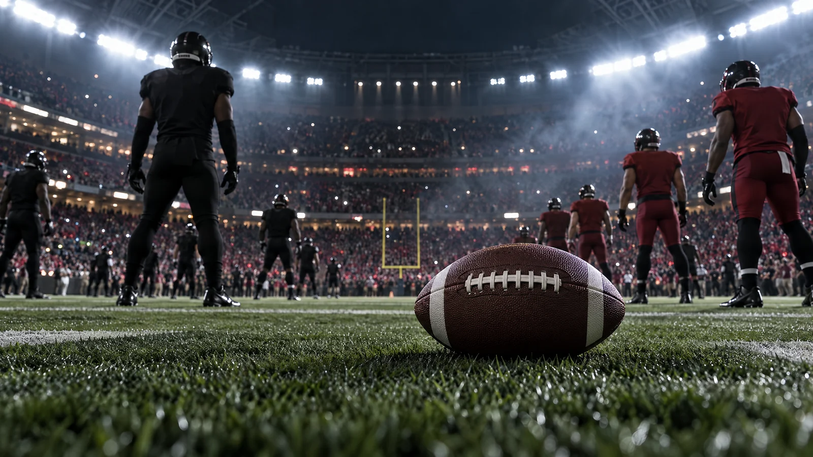 Wide evening editorial view of Caesars Superdome in New Orleans before a Falcons at Saints Monday night game, with anonymous fans approaching the illuminated entrance