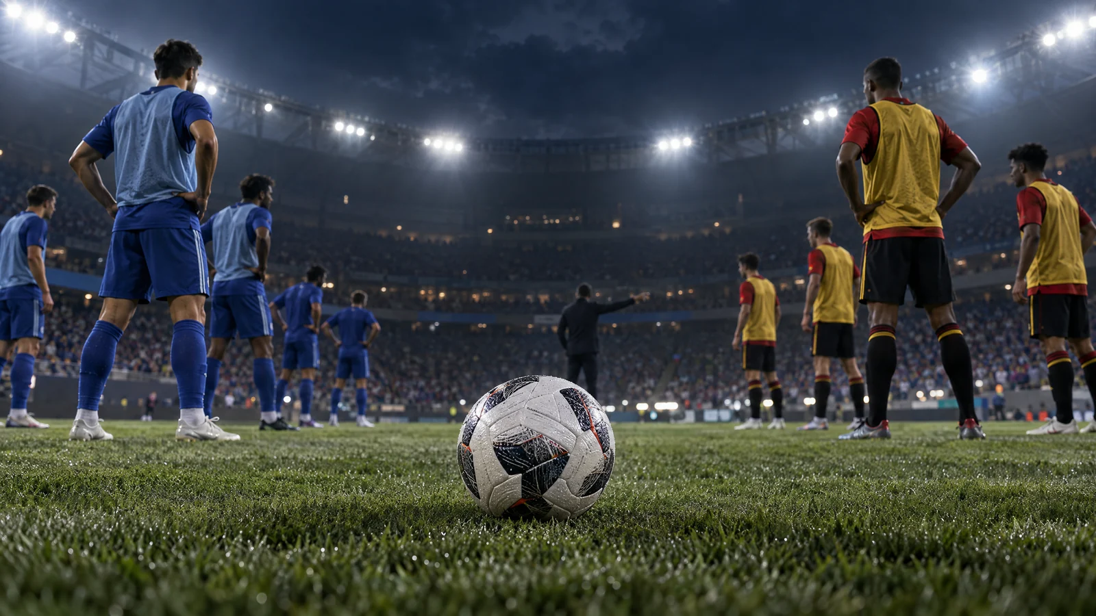 Anonymous French and Belgian footballers contesting a loose ball under floodlights in a modern Paris stadium, with a packed but indistinct crowd and no visible branding