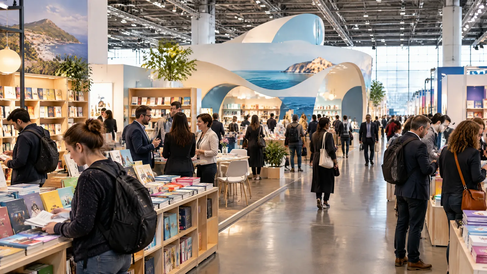 Wide editorial view inside Frankfurt Book Fair with readers, publishers and authors moving between book-filled exhibition stands, with a Czech-inspired pavilion area in the distance