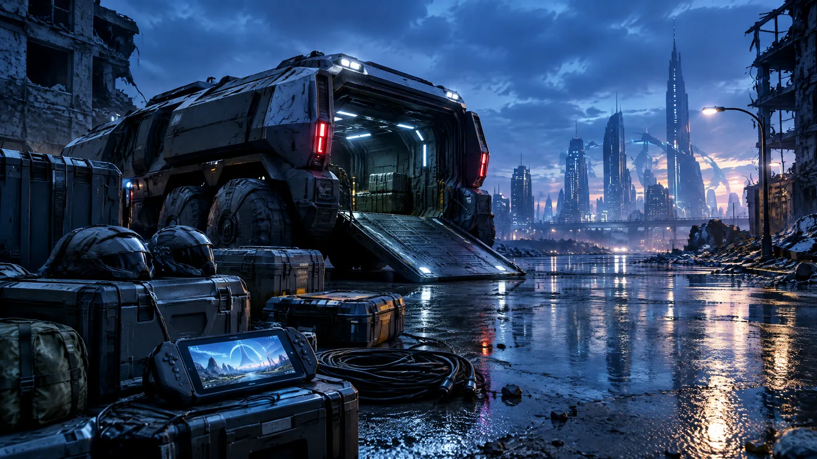Generic futuristic armoured transport and equipment in a dark damaged city setting before a game launch