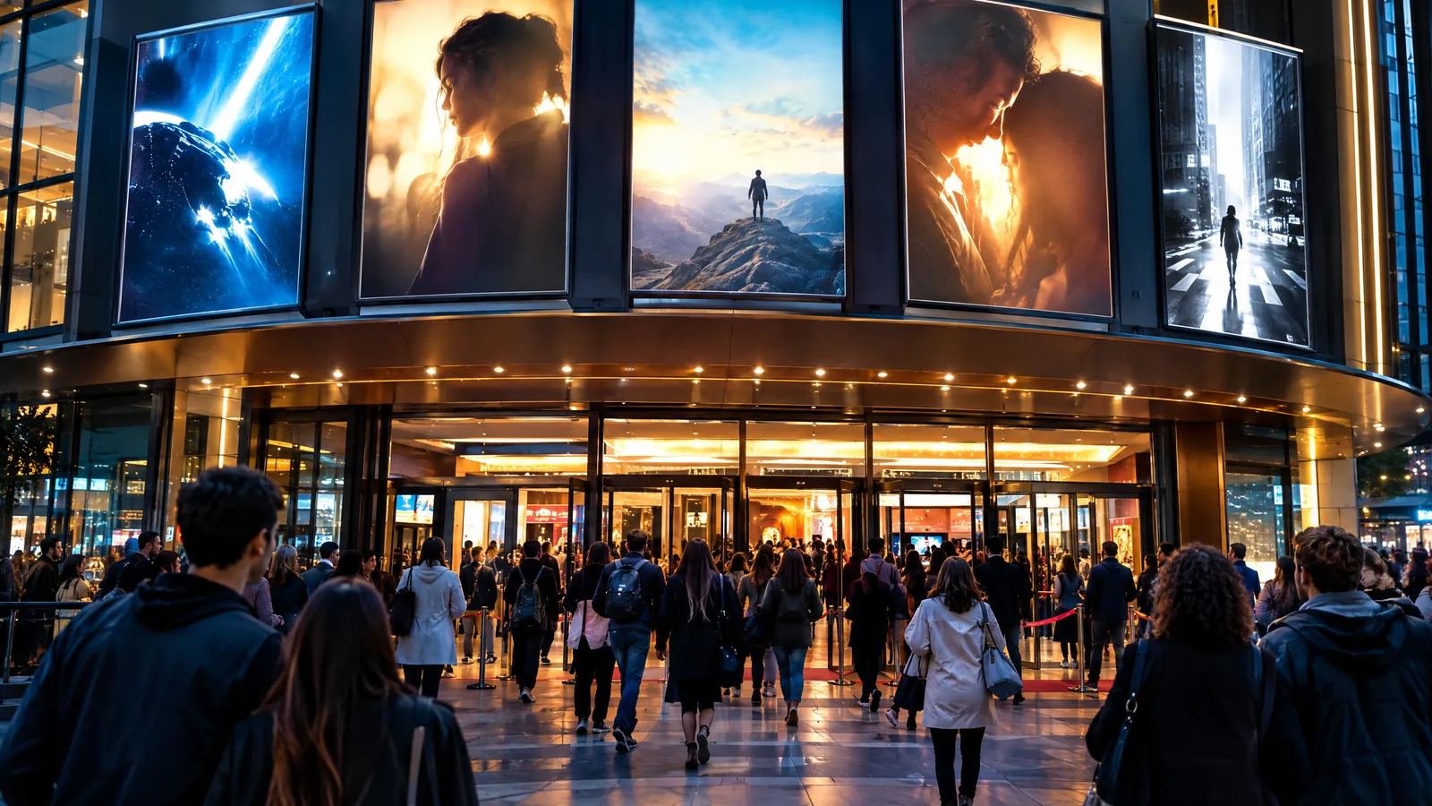 Moviegoers entering a modern multiplex lobby at dusk, with a softly glowing blank cinema screen visible beyond.