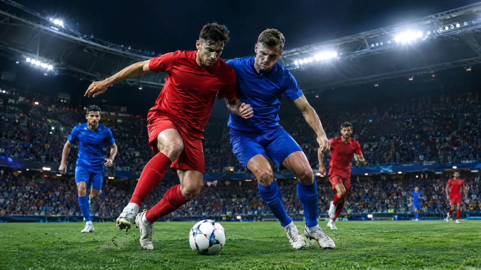Two unbranded footballers contest a ball during a night match in a floodlit stadium.
