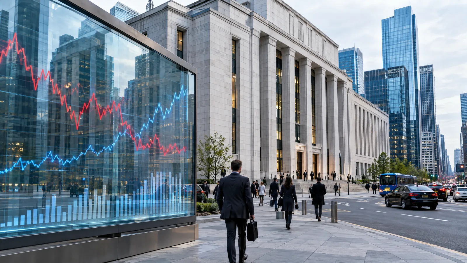 A business district at dusk with commuters passing a bank window and an electronic market display in the background