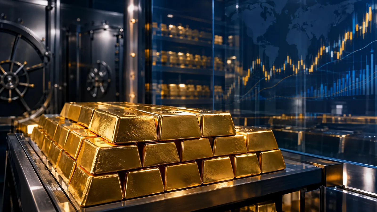 Unbranded gold bars in a secure vault with a world map reflected in the background