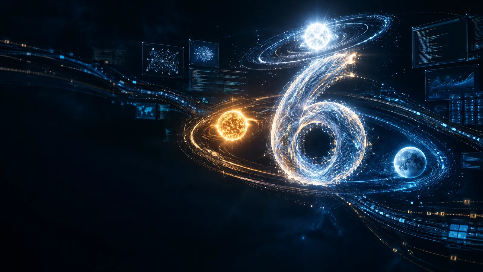 A luminous abstract number six surrounded by three AI model orbits in a dark computing environment