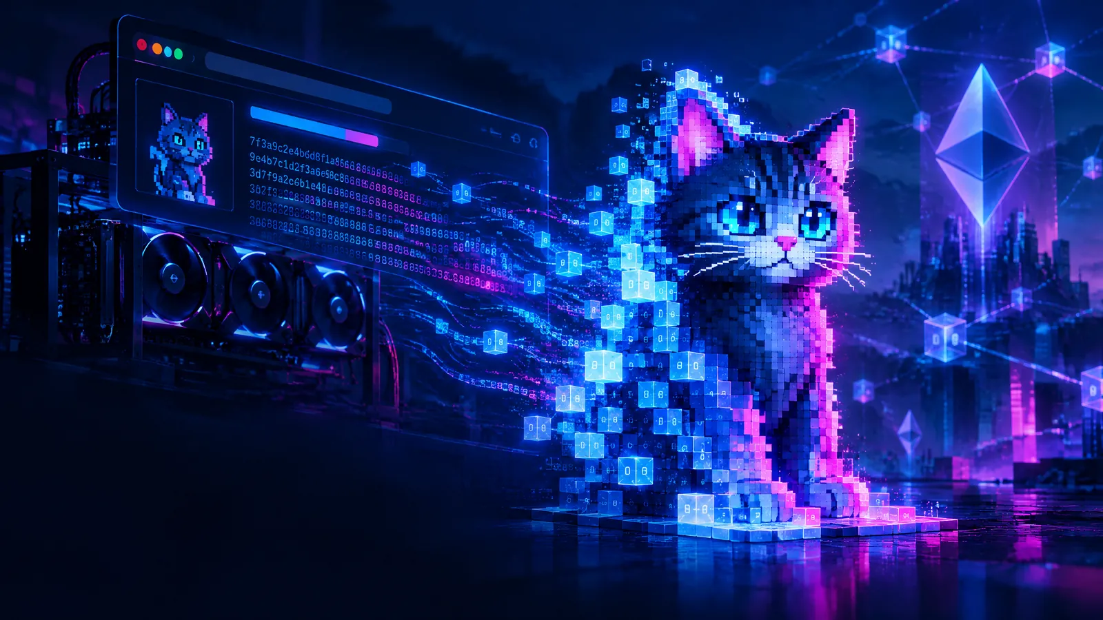 A pixel-art cat assembled from glowing hash blocks beside a browser mining interface