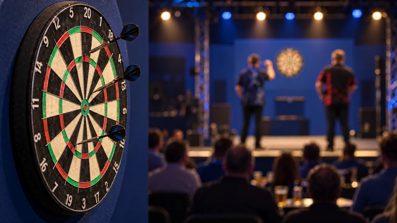 An anonymous young darts player releasing a dart toward an unbranded board under warm indoor tournament lights, with a blurred Wigan sports hall background