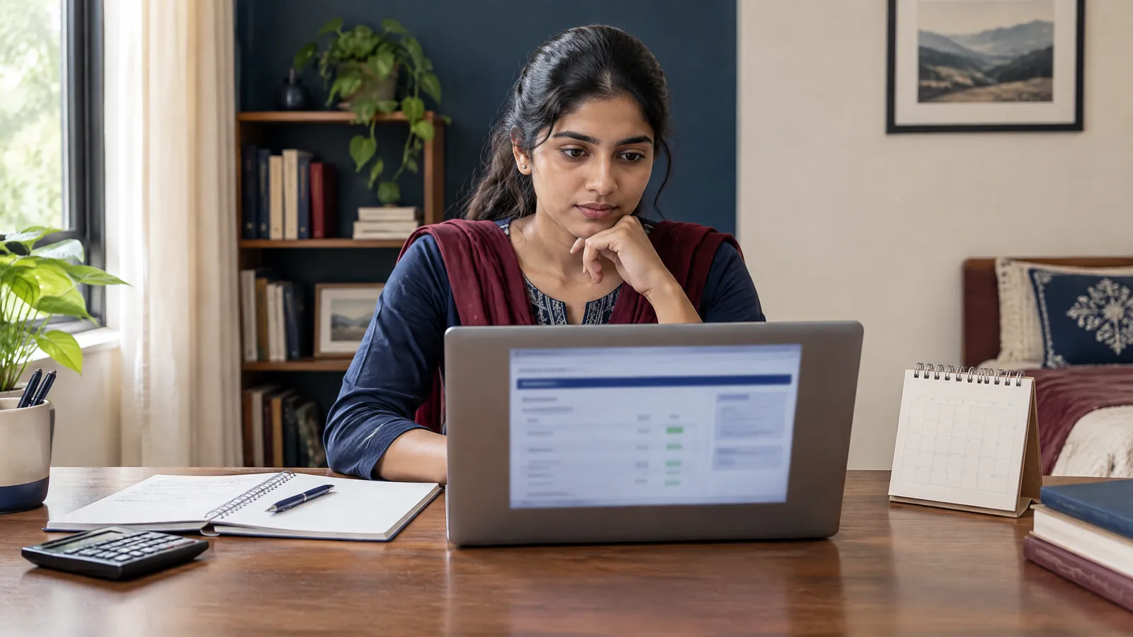 An Indian banking-exam candidate checking a generic online result at a study desk, with a notebook and calendar nearby
