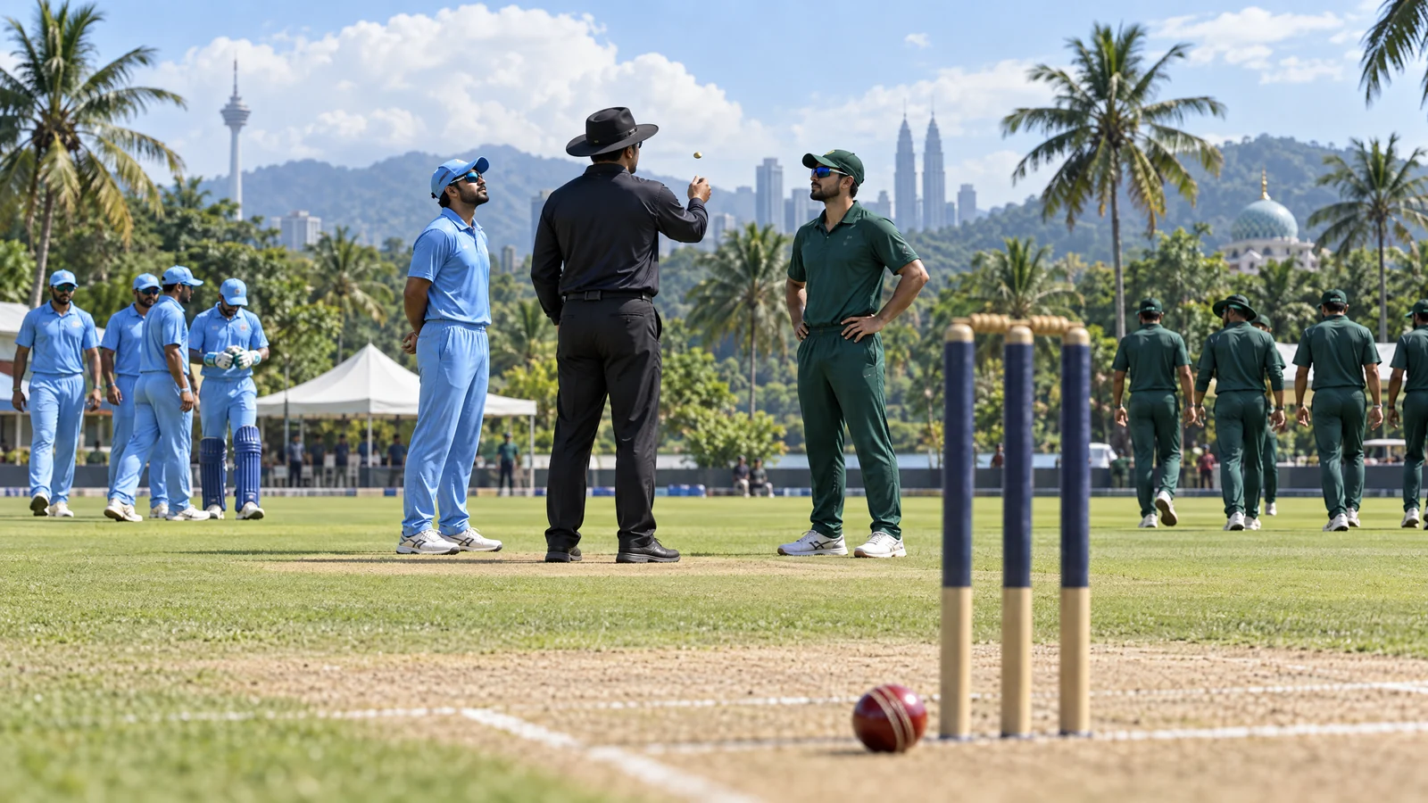 Prepared Malaysian cricket ground and empty pitch ahead of an international T20 qualifier in morning light