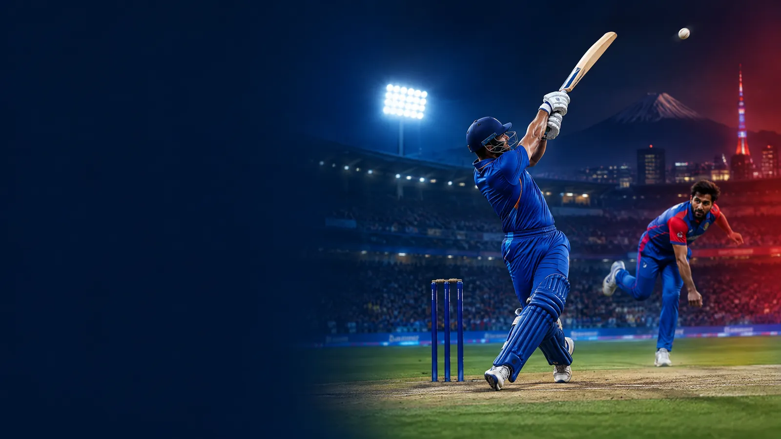Original editorial illustration of a generic Indian batter facing a generic Afghanistan bowler under floodlights at a cricket ground in Japan