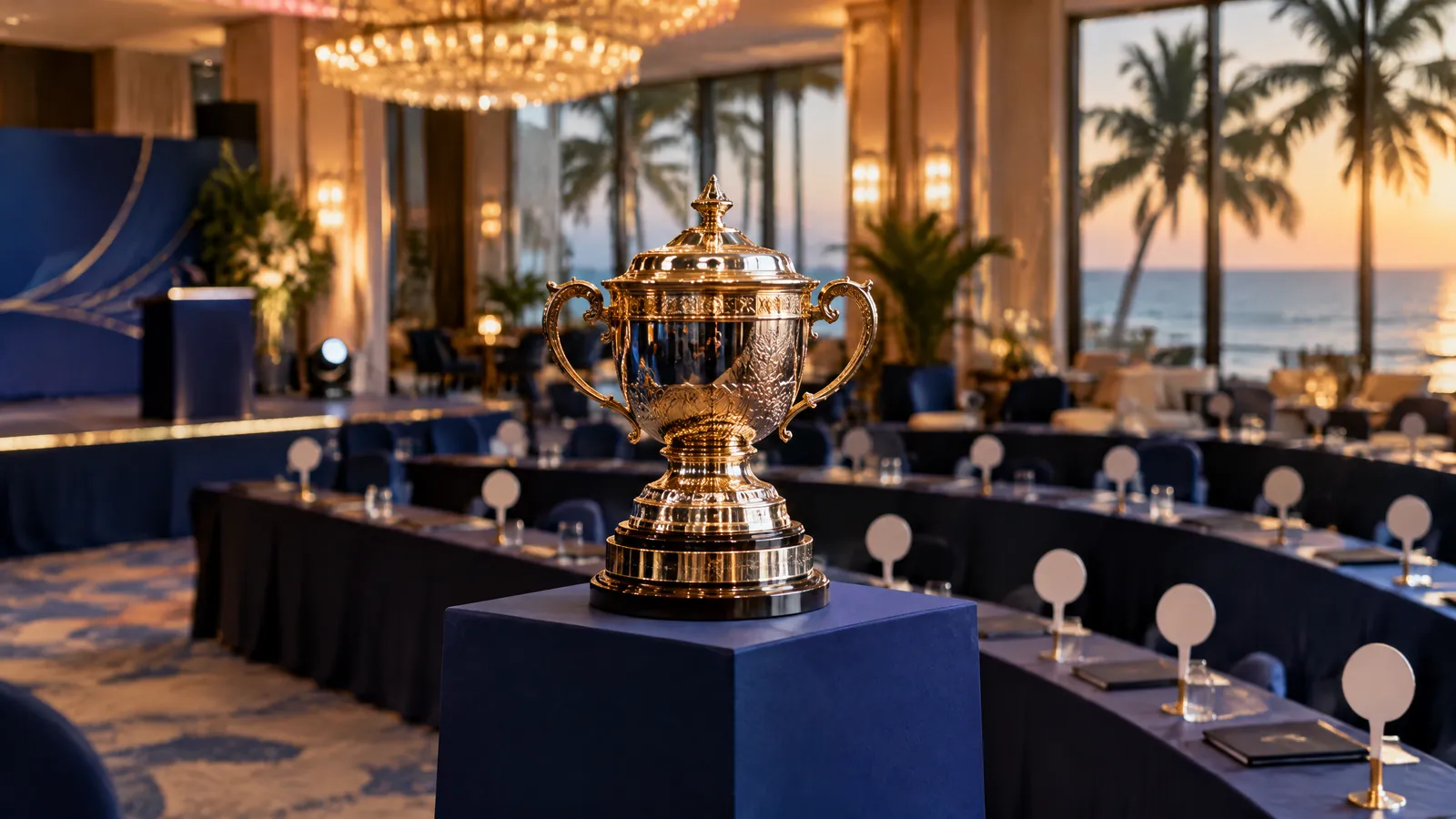 Indian Premier League trophy on a Goa hotel ballroom stage prepared for a player auction, with bid paddles in the foreground