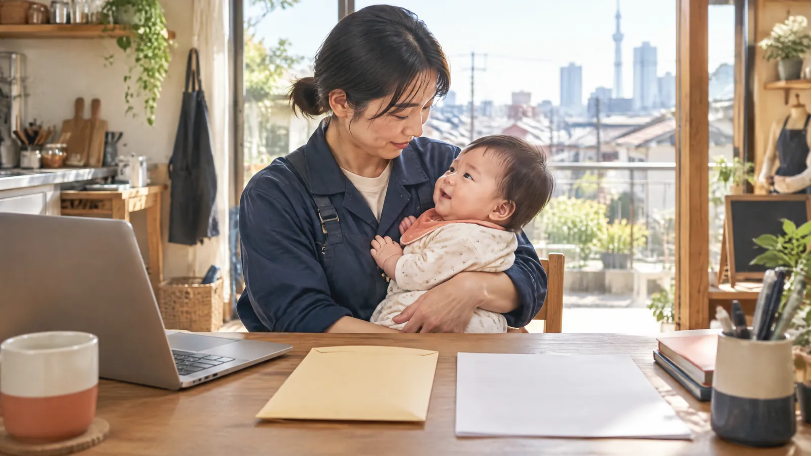 国民年金 childcare exemption in Japan, illustrated by a self-employed parent with an infant near a pension document