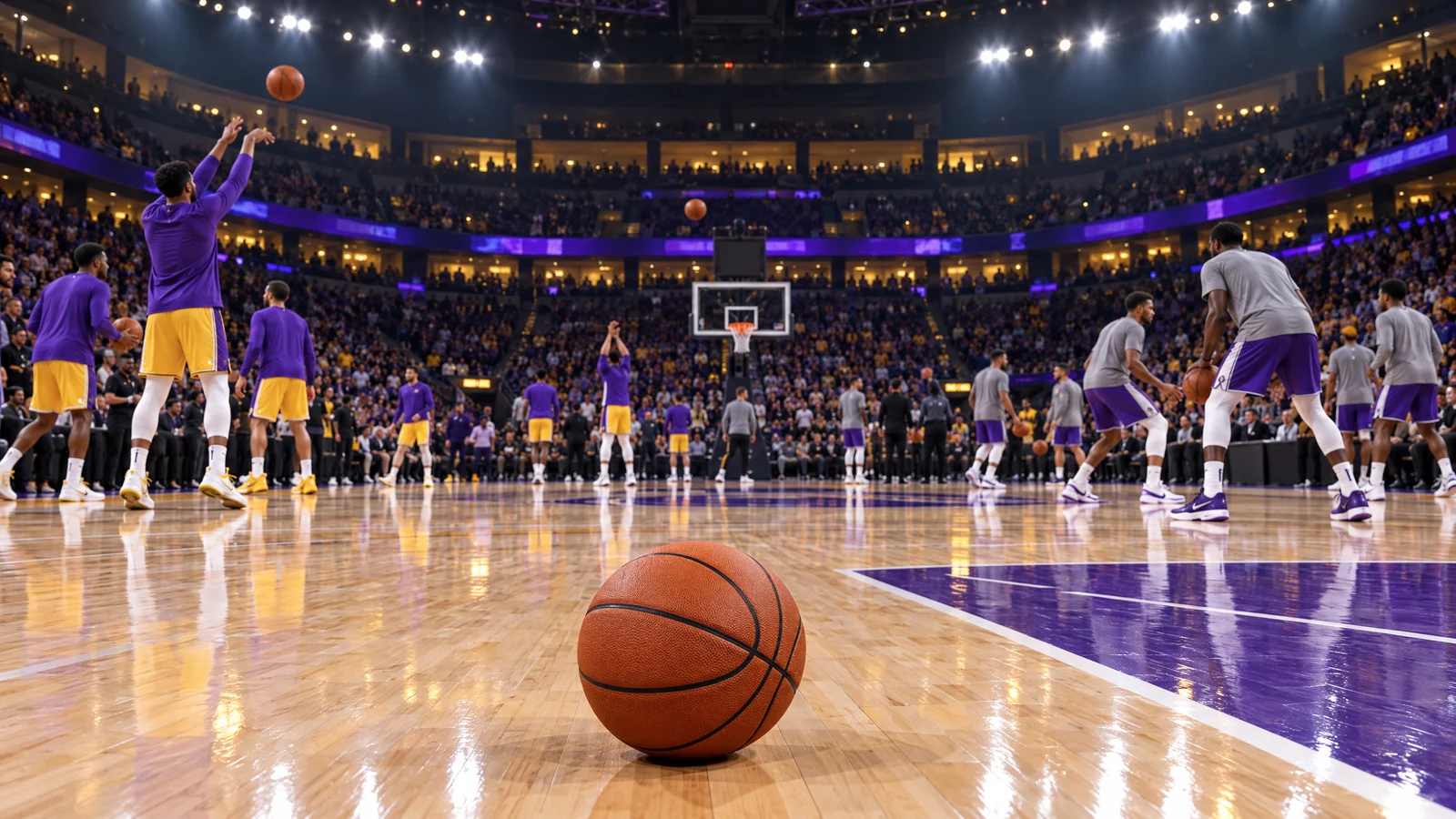 A wide original editorial scene of an unbranded indoor basketball arena in Sacramento before a preseason game, with anonymous fans entering and a clear court-side focal point