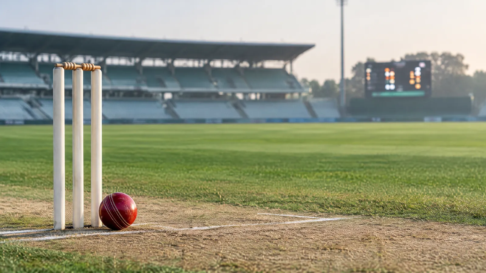 A red cricket ball beside white stumps on a sunlit pitch, with an out-of-focus scoreboard-style background and no visible words