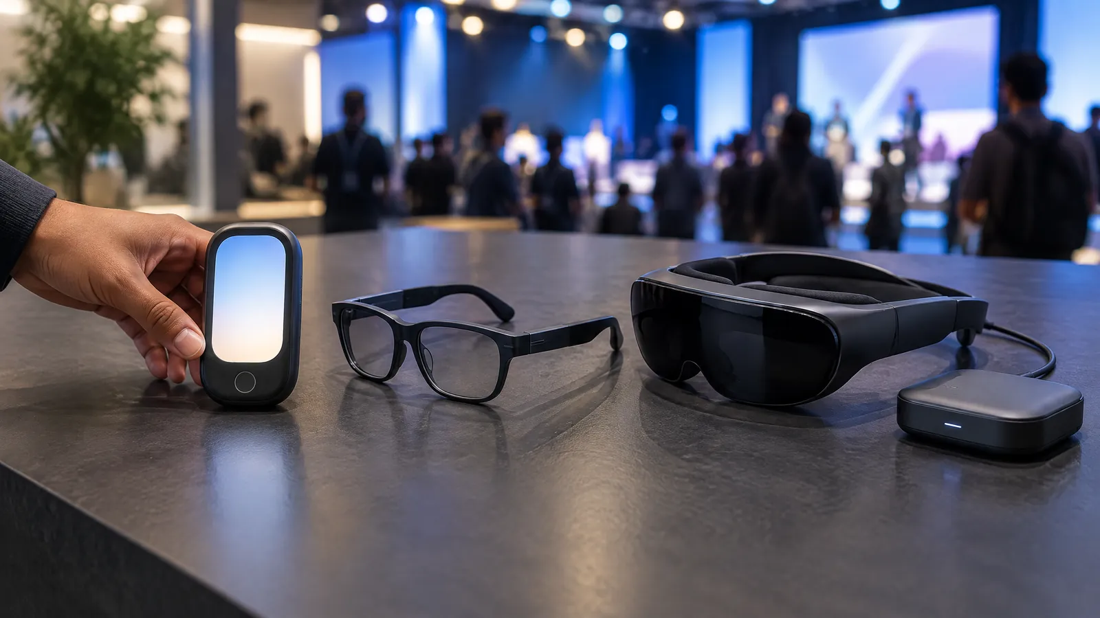 A person holding a small screen-equipped AI pendant beside sleek camera-free audio glasses and lightweight VR glasses on a neutral studio table