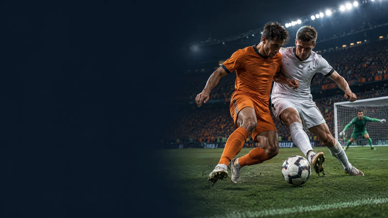 Original news illustration of fictional Netherlands and Germany footballers contesting a ball in a floodlit stadium, with dark clear space on the left