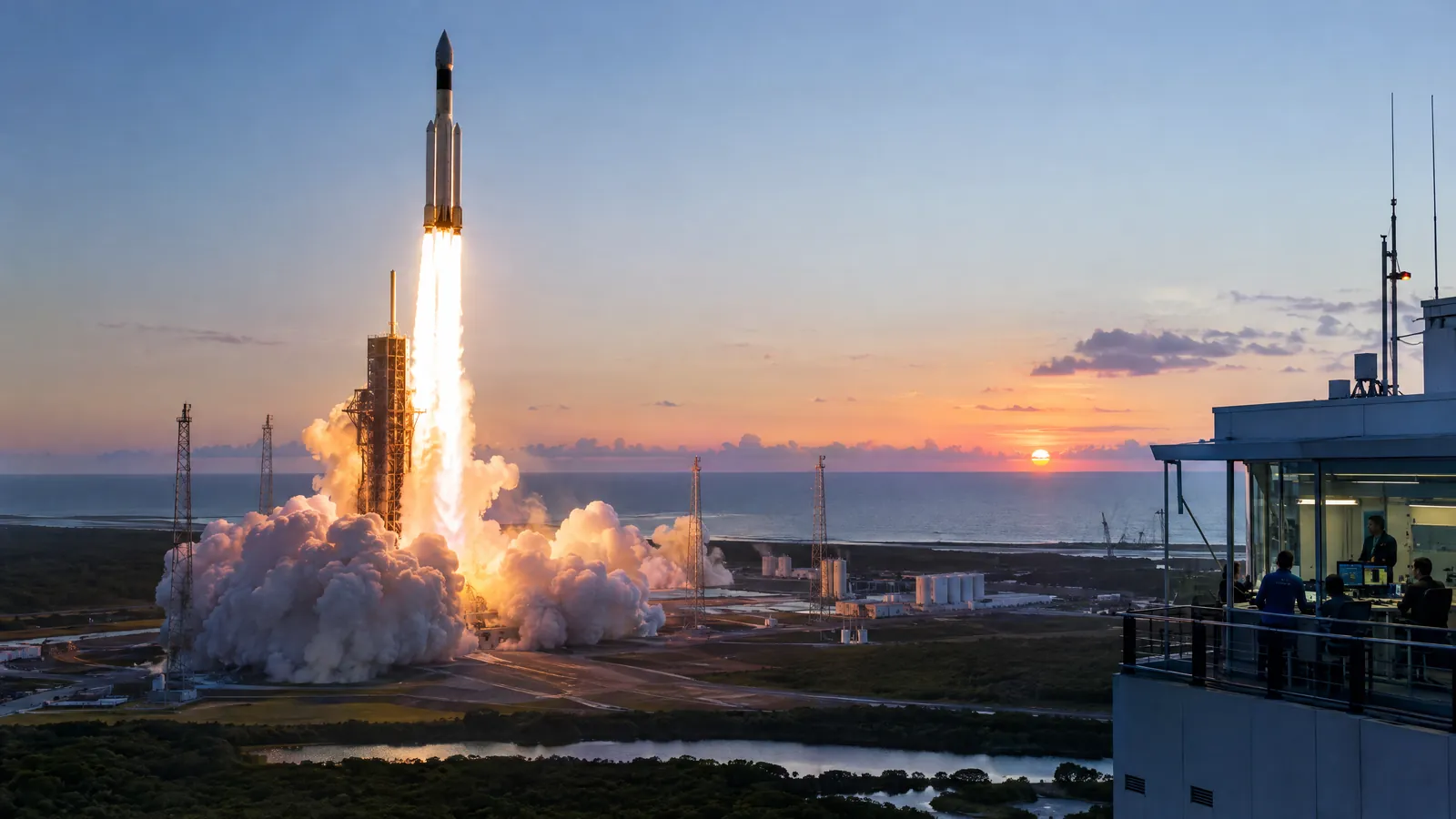 A large unbranded rocket lifting off from a coastal launch pad at dawn, viewed from a safe distance