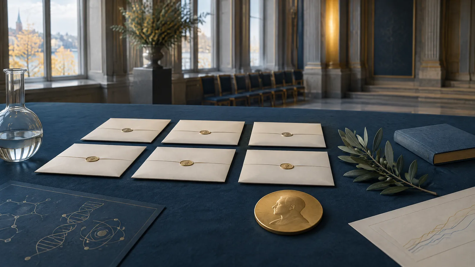 Wide editorial still life of six sealed announcement folders beside a gold-toned medal silhouette, scientific notes and a small literature volume in a calm ceremonial hall