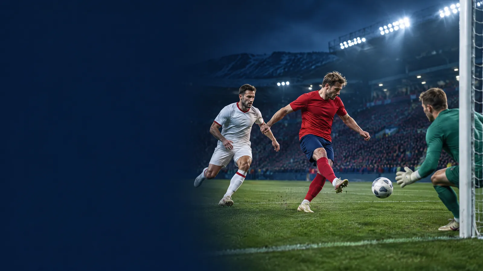 Original editorial illustration of fictional Norway and Denmark footballers contesting a night match in Oslo