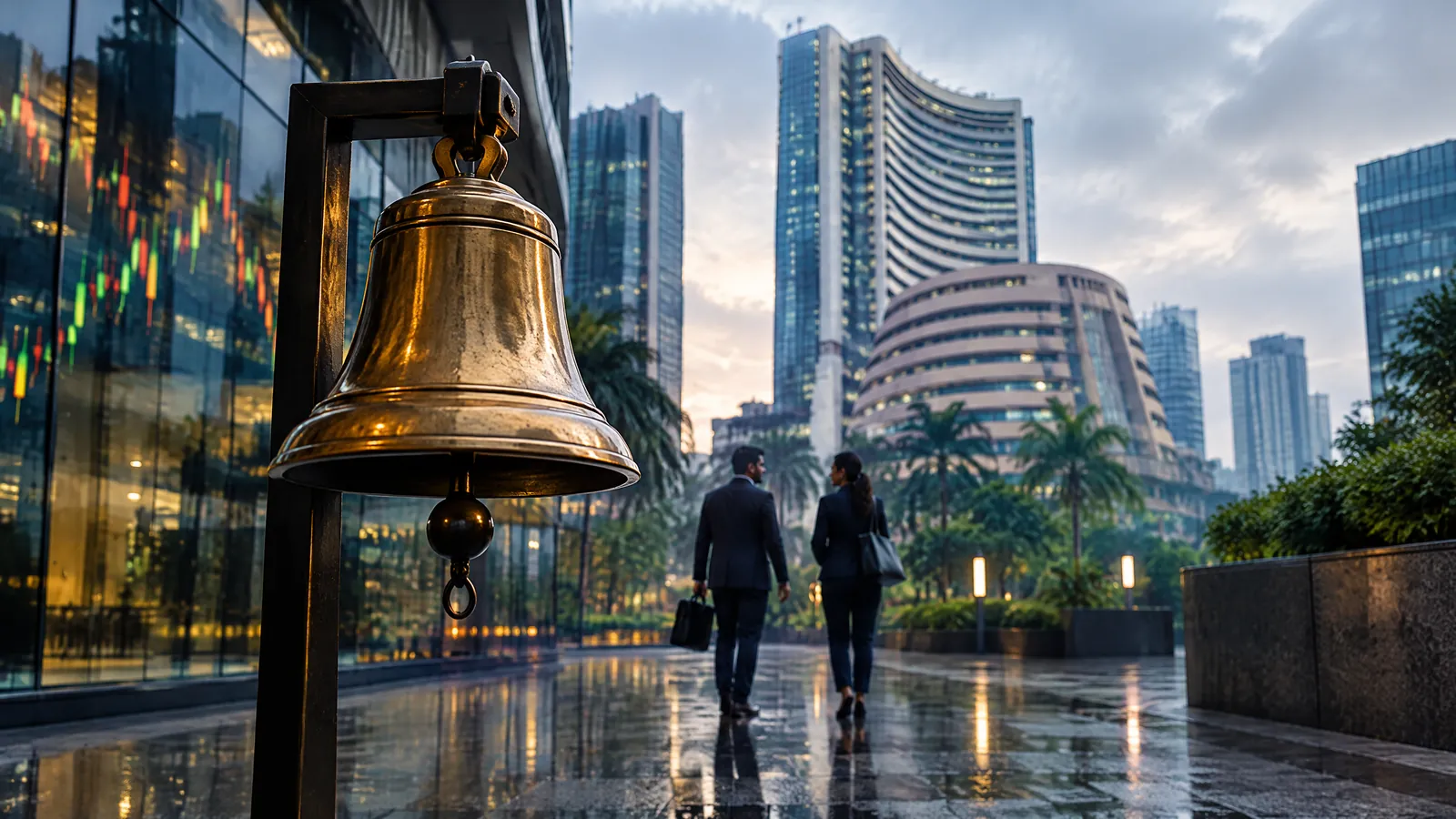 Editorial view of Mumbai’s financial district at an unbranded stock-market bell ceremony on NSE’s listing day