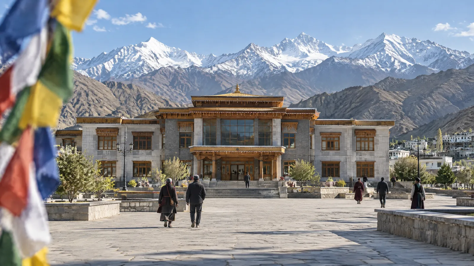 A calm early-morning view of Leh with the Ladakh hills behind a civic building, representing politics india and the case-withdrawal decision