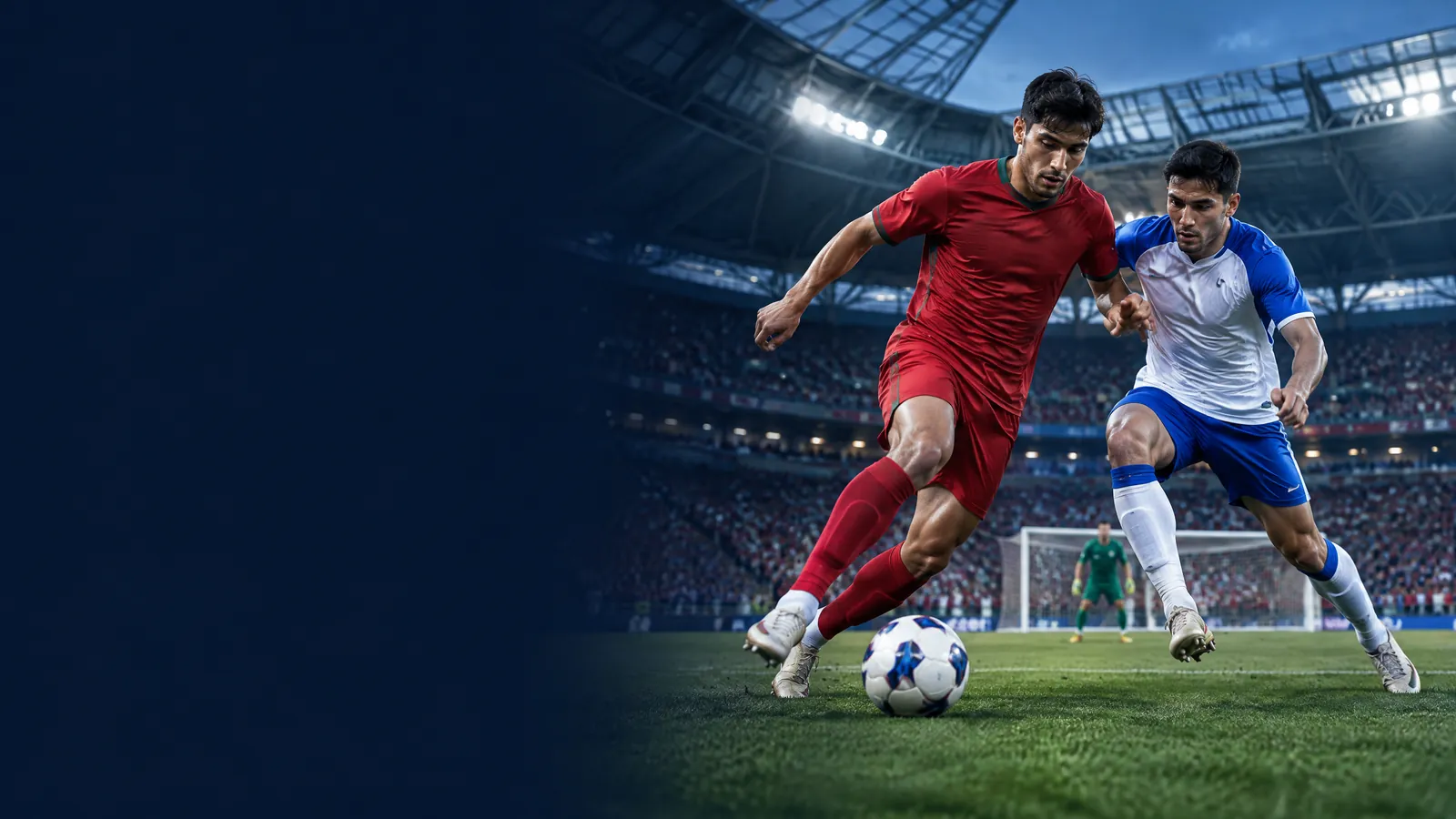 Original editorial illustration of fictional footballers in red and blue kits contesting a ball under Houston stadium lights