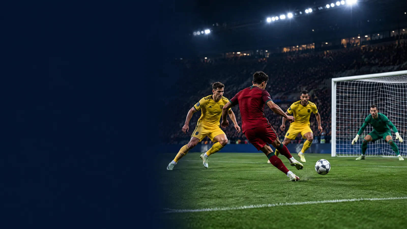 Original editorial illustration of fictional Portugal and Wales footballers contesting a night match in Lisbon