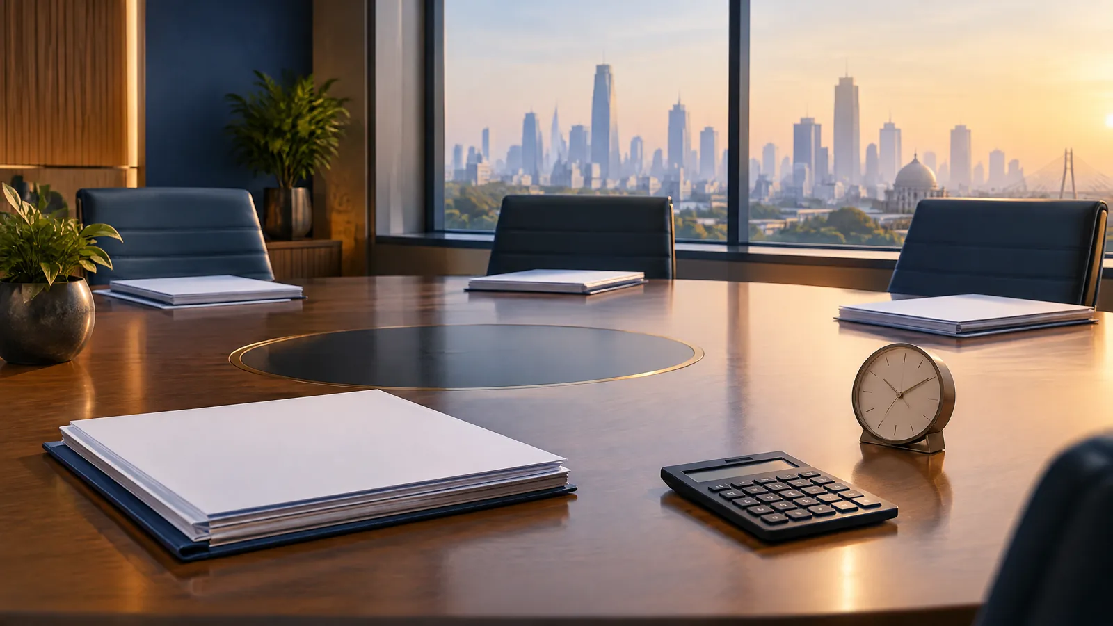 Generic central-bank policy papers, a calculator and a neutral meeting-room setting before an interest-rate decision
